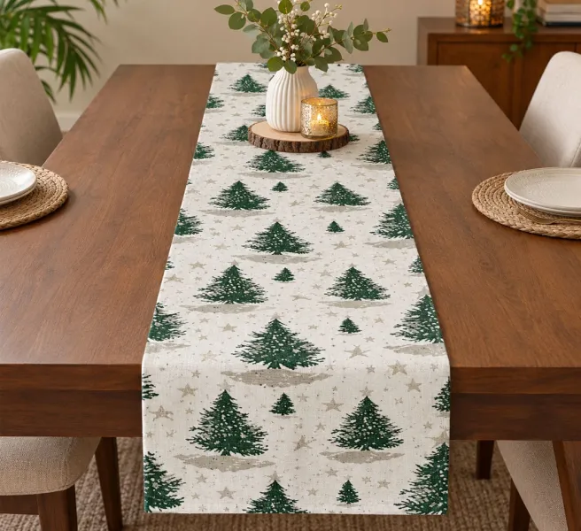 Rustic Evergreen Pine Trees Woven Table Runner – 14